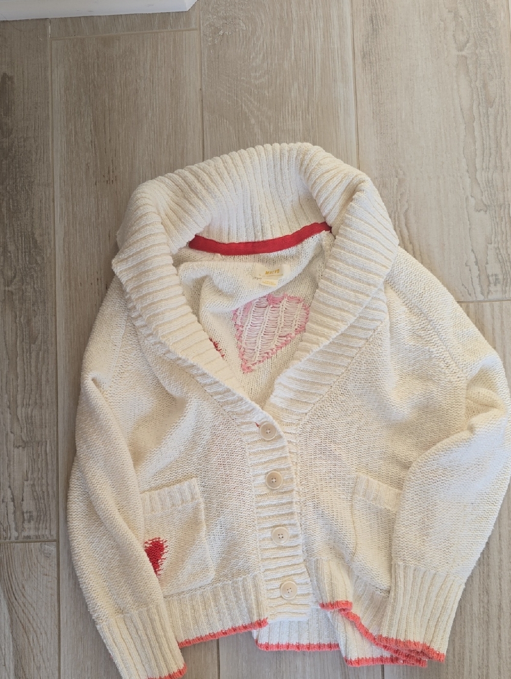 Anthropologie Cream Cardigan with Pink Trim and Heart Accents